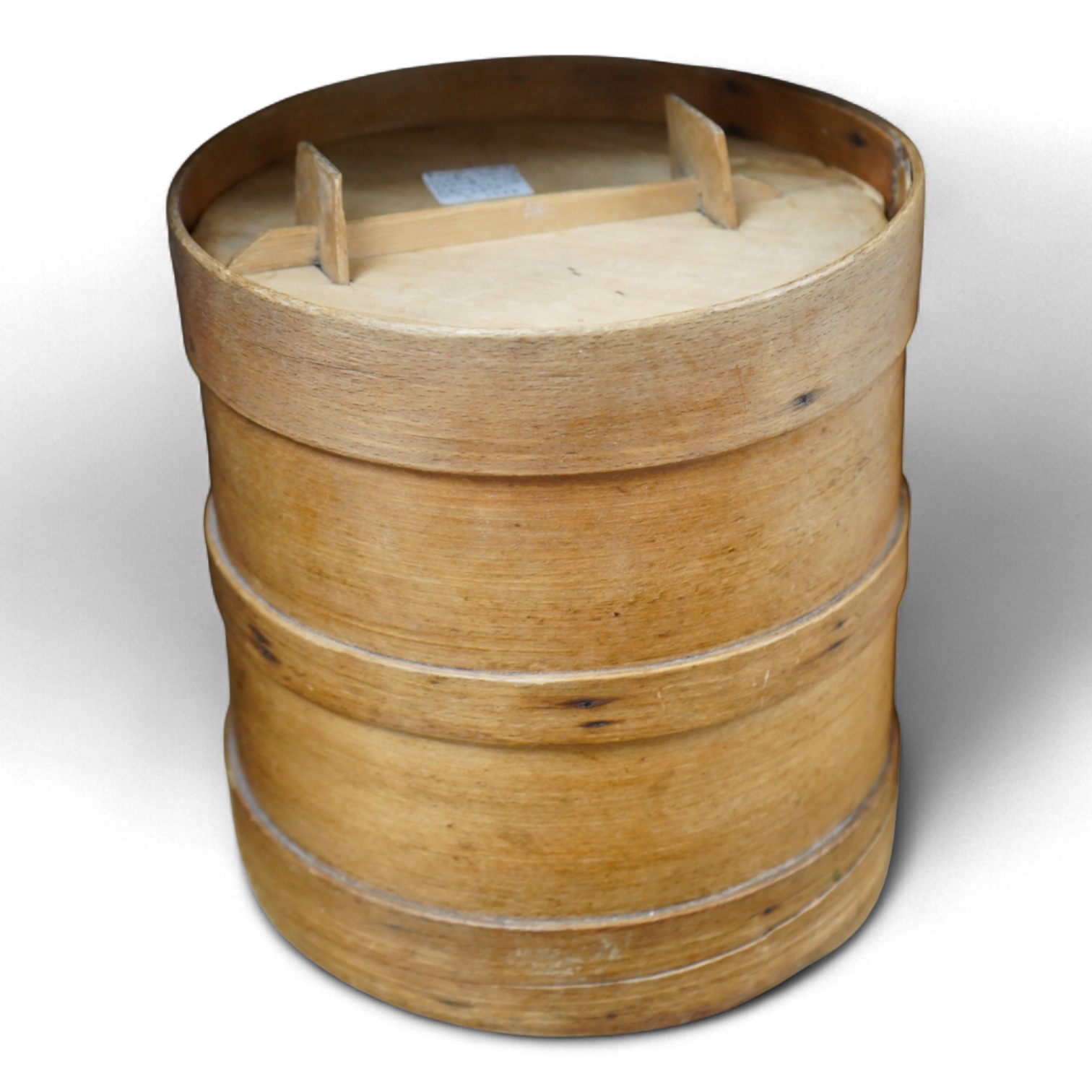 A Scandinavian lathe bound cylindrical flour barrel, 24cm high
